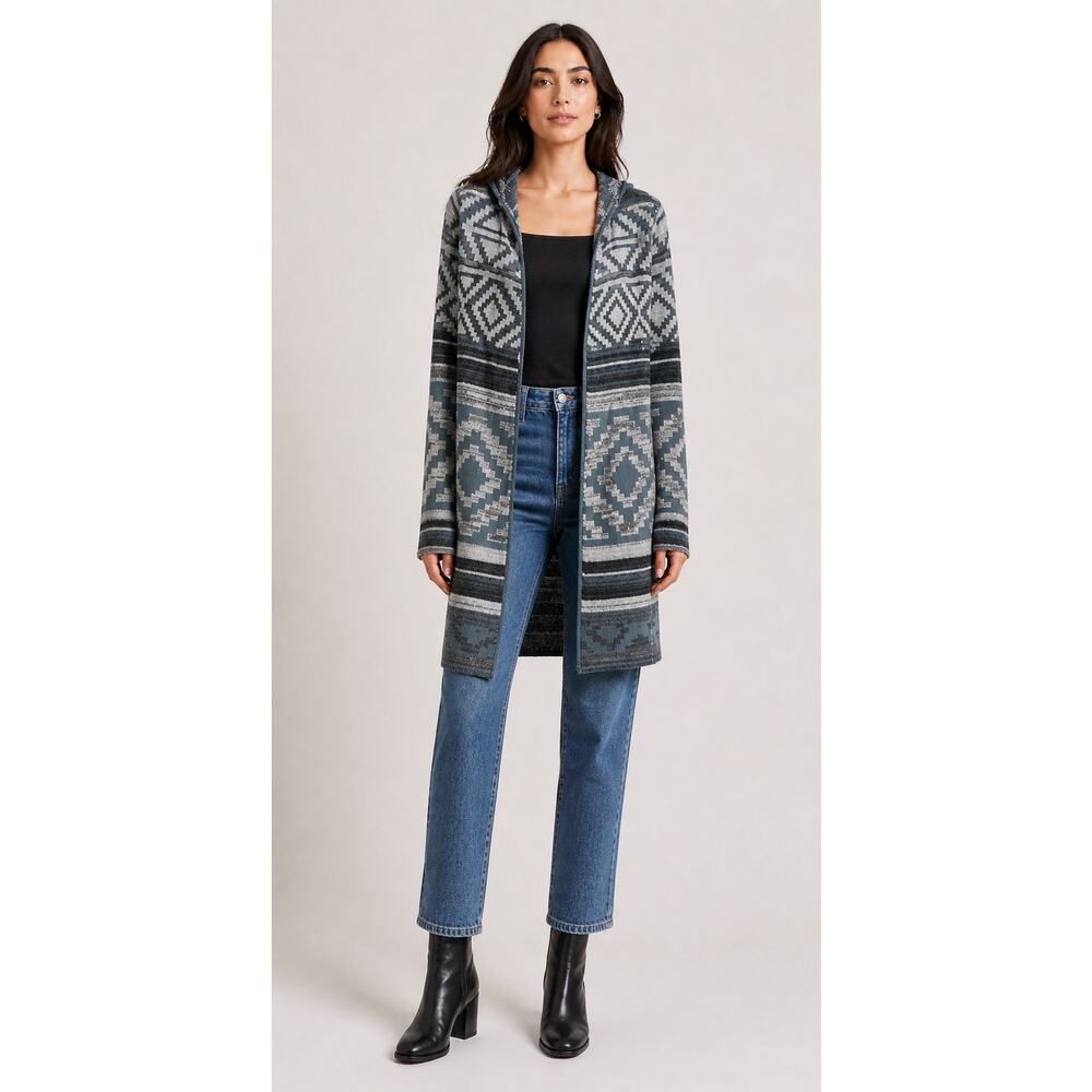 Grifflin Paris Aztec Hooded Long Open Cardigan Sweater Womens Size Small Gray